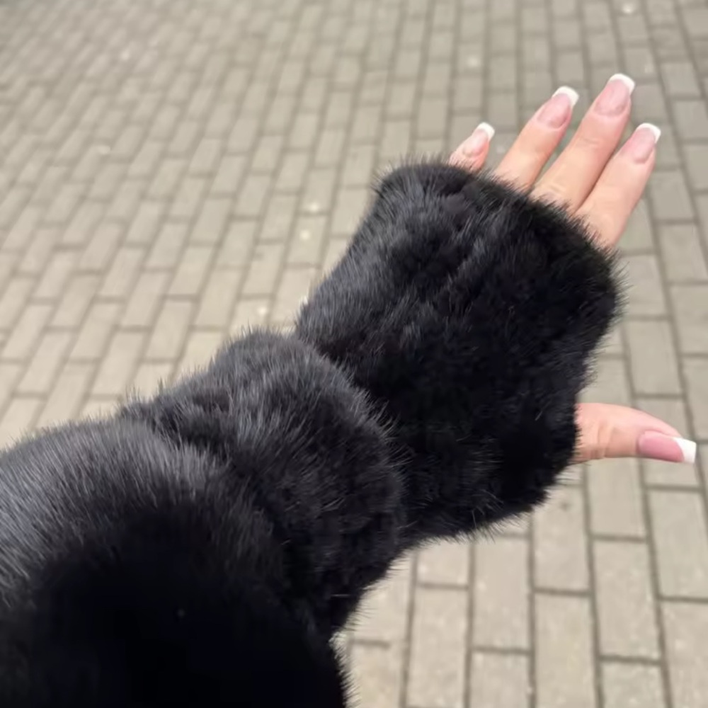 Black Mink Fur Fingerless Gloves - Women Accessories